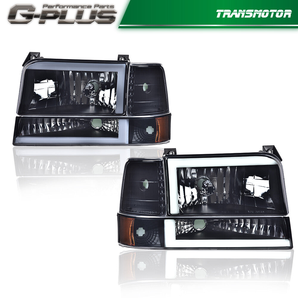 Suitable for 92-96 F150 F250 LED DRL black/smoky headlights with black frame on the lamp cover.