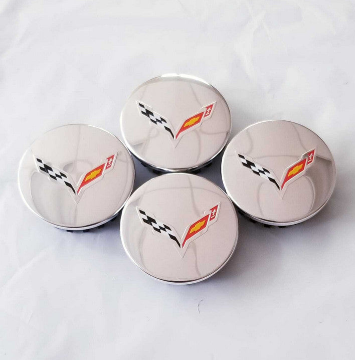 Wheel center caps for Chevrolet for Corvette C6 C7 4x68 mm rim caps, hubcaps, and chrome-plated badges.