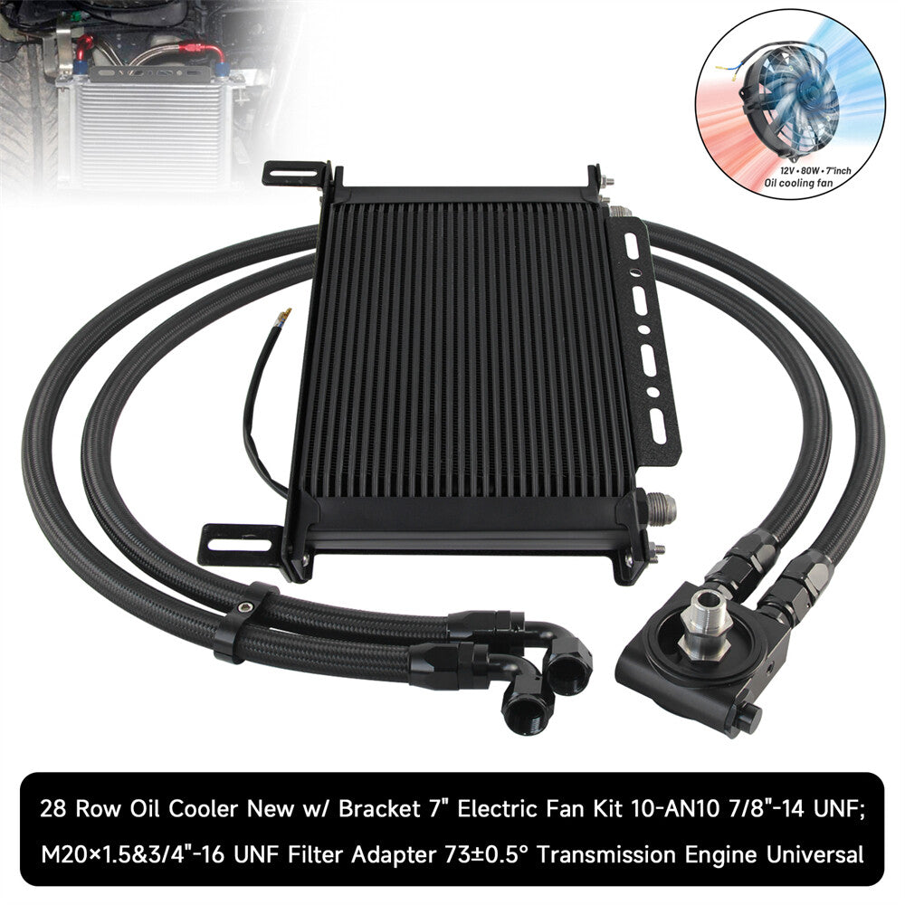 Universal 28 Row AN10 Thermostatic 73 Degree Oil Cooler Kit+7'' Fan w/Bracket