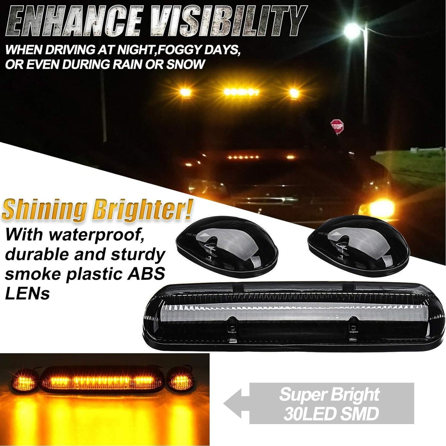 3x Smoke Lens Amber LED Cab Roof Top Marker Light for Chevy Silverado 1500 2500