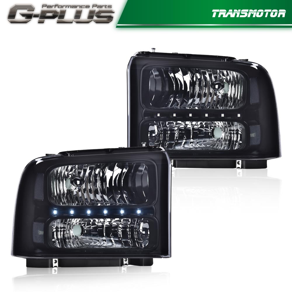 Replacement headlights for 2005-2007 F250, F350, and F450 Super Duty LED DRL vehicles.