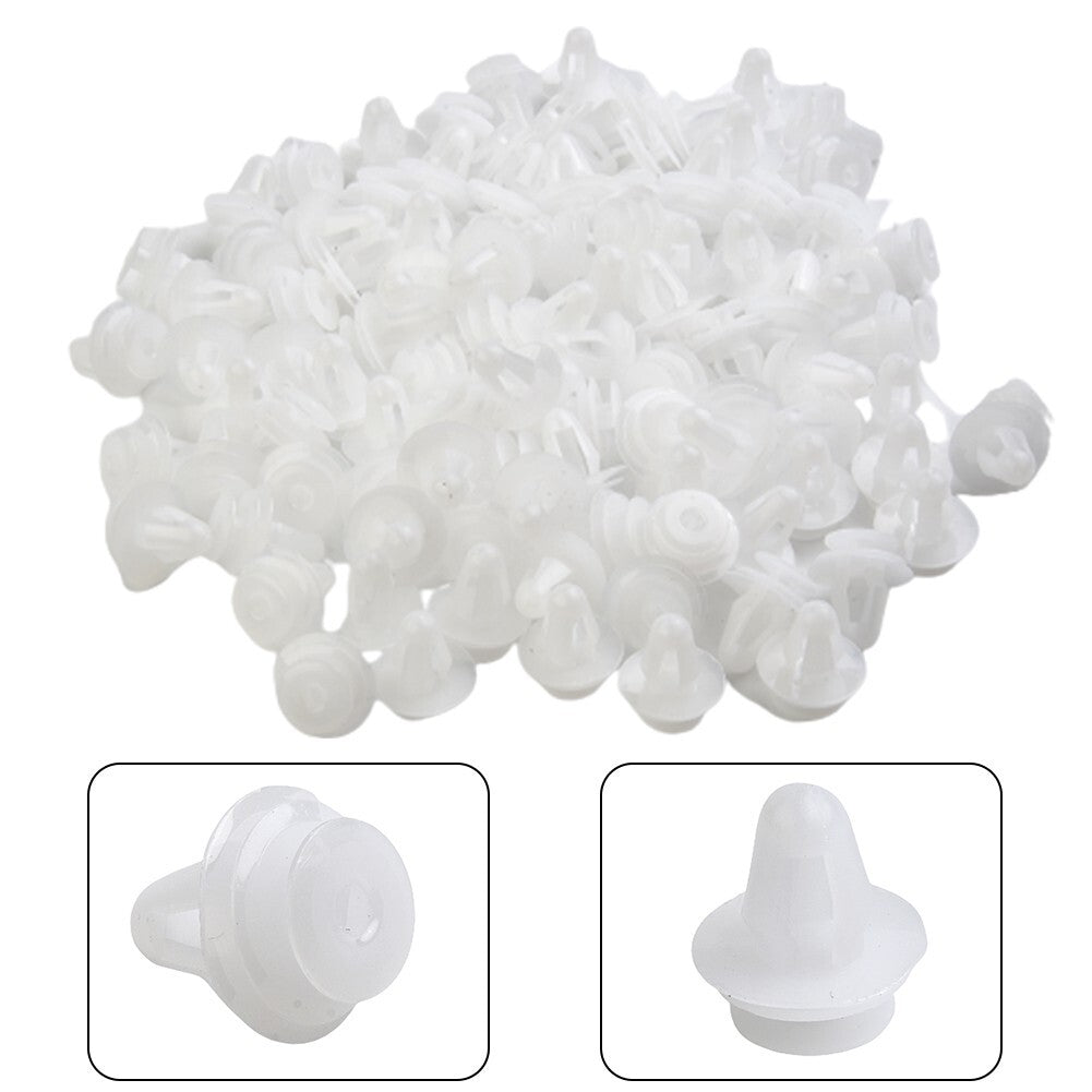 Rivet clamp retainer, push-type, 9mm hole, 100 pieces, white plastic bumper