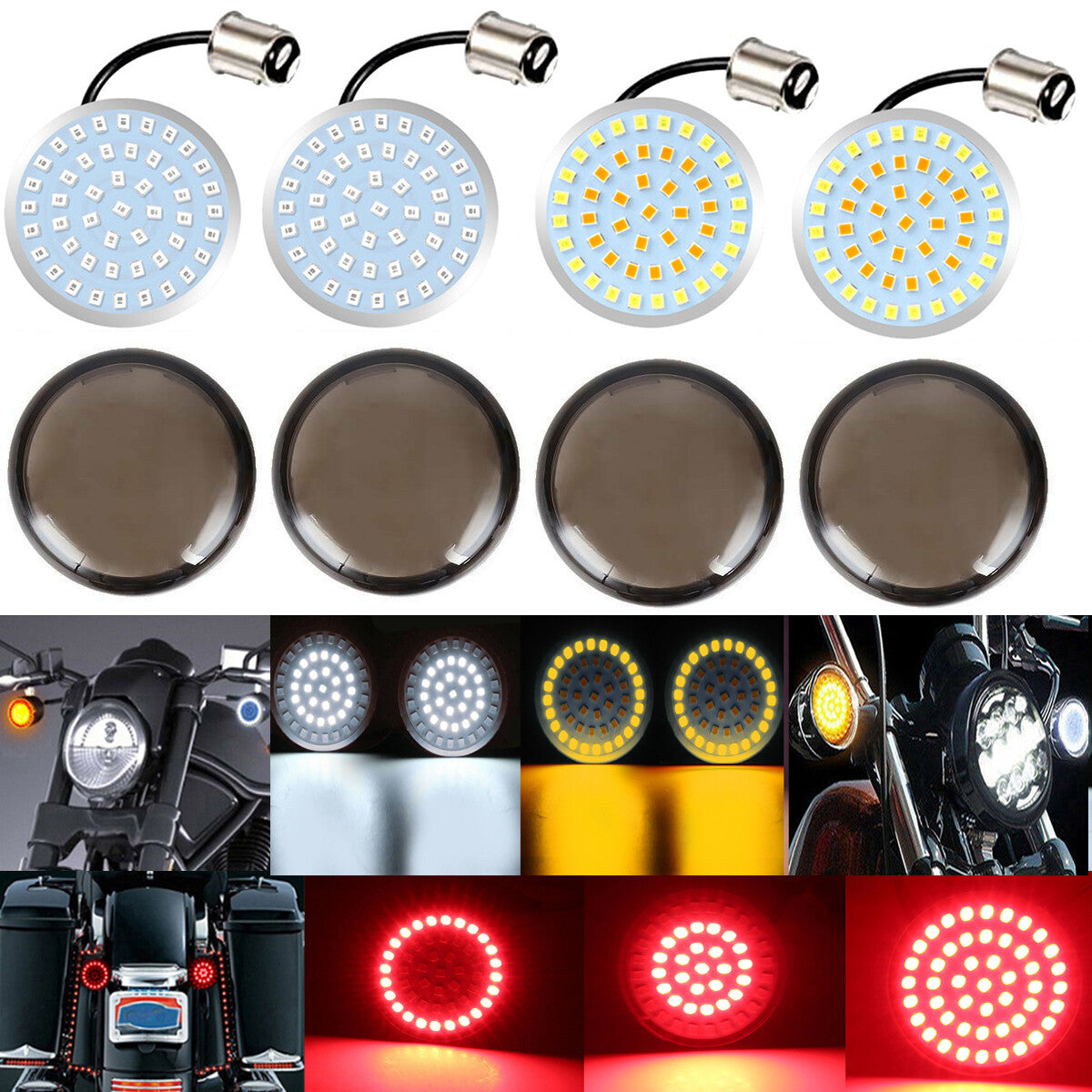 LED 1157 turn signal light with smoke lens, amber, white, and red, suitable for Harley Softail Touring.