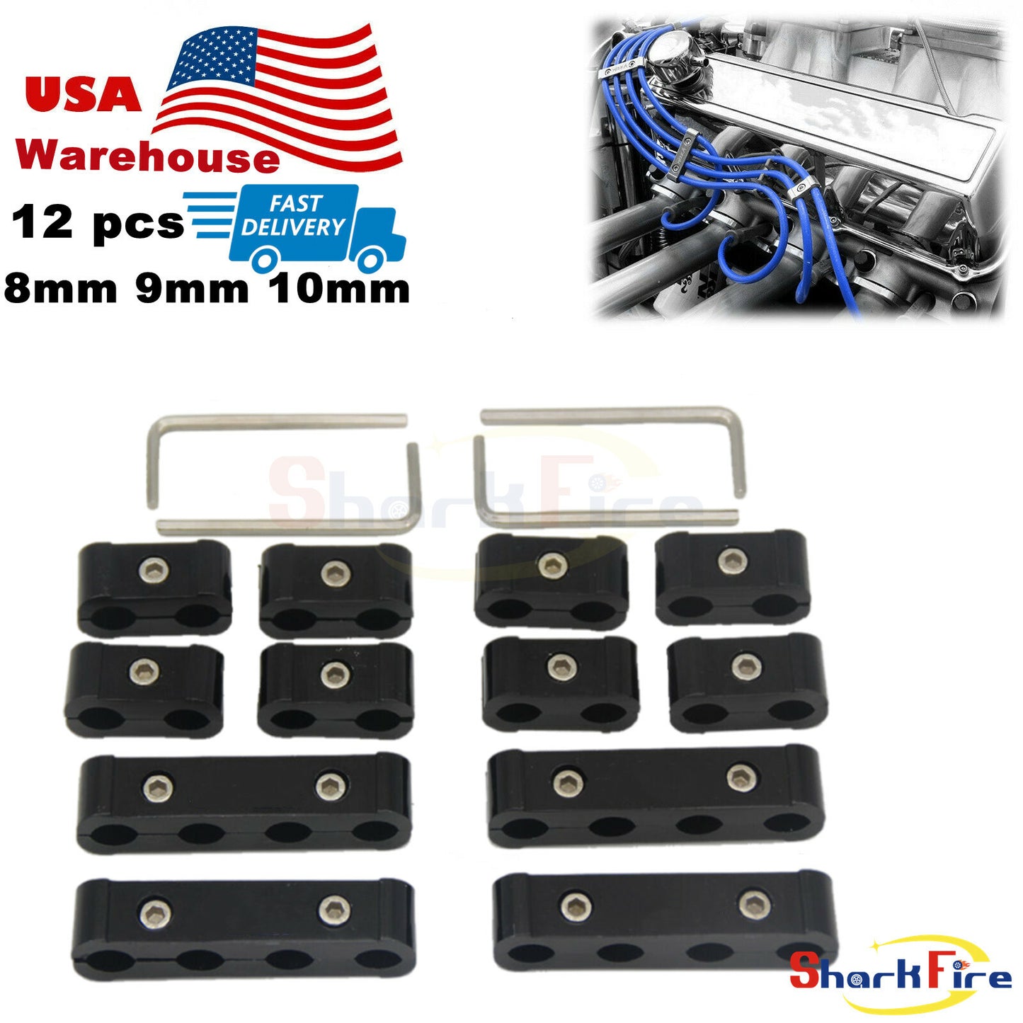 12-Piece Aluminum Spark Plug Wire Engine Cable Splitter Divider Storage 8/9/10mm