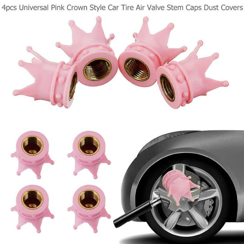4-Piece Pack of Car Wheel Tire Valve Stem Covers, Dust Covers, Truck and Bicycle Pink Crowns