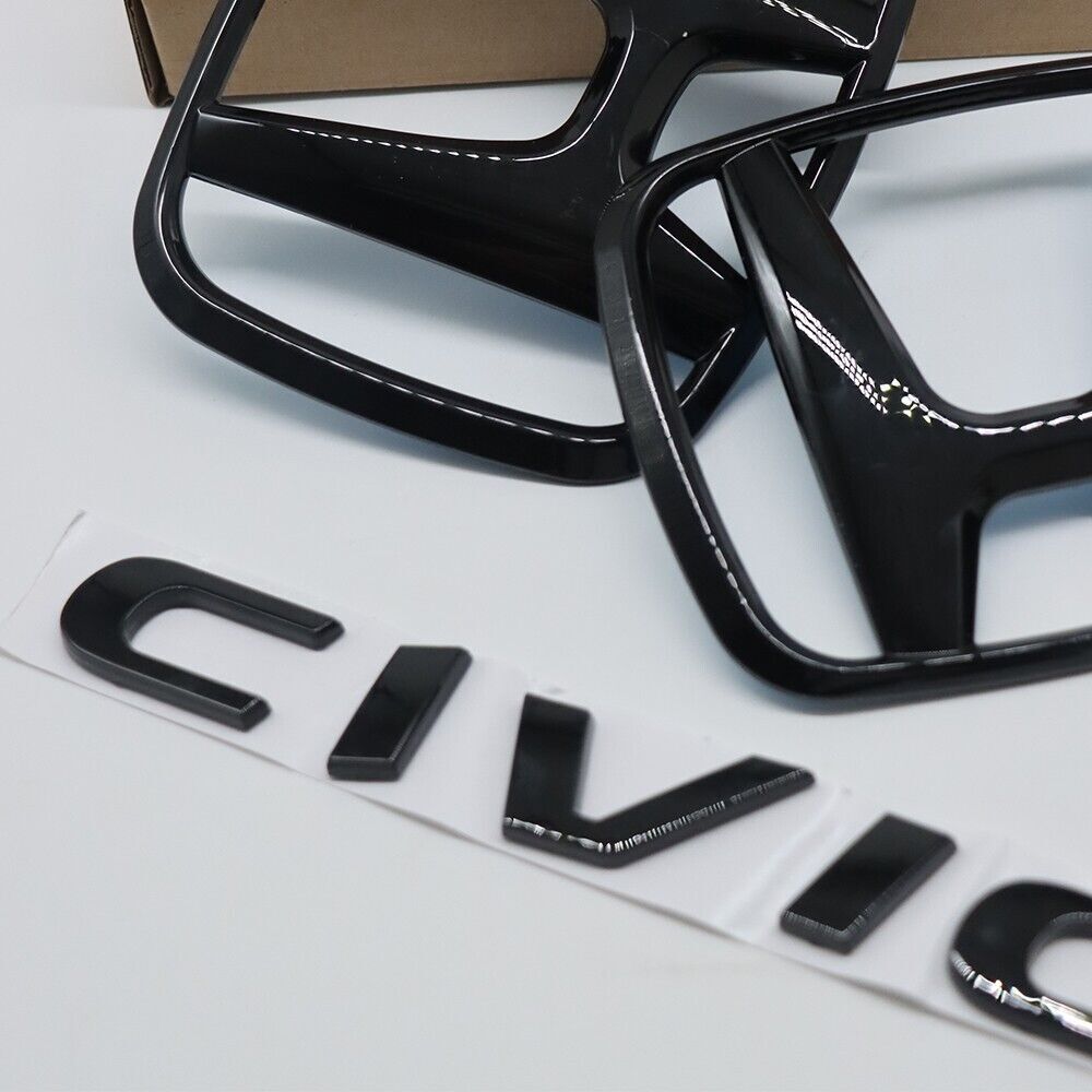 GLOSS BLACK EMBLEM BADGE For H+ for CIVIC FC FK 2015-2021 Sticker Front  Rear KIT