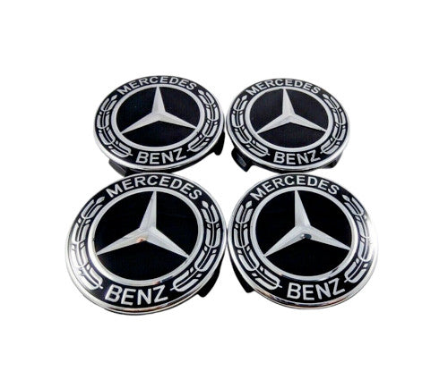 4-piece set: Classic black 75mm rim center hubcaps, AMG rims