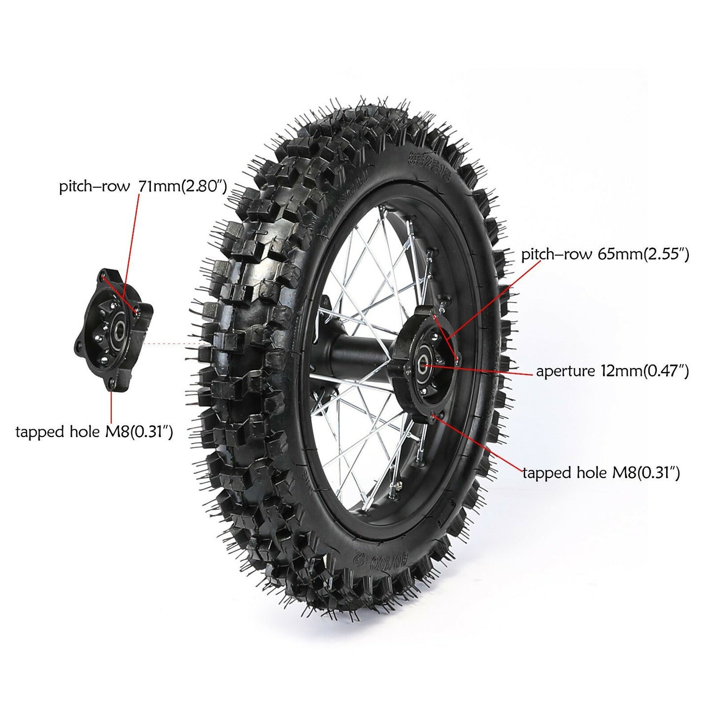 80/100-12 Rear Tire + 12mm Rim Axle Brake Assembly for Dirt Pit Bike 125cc