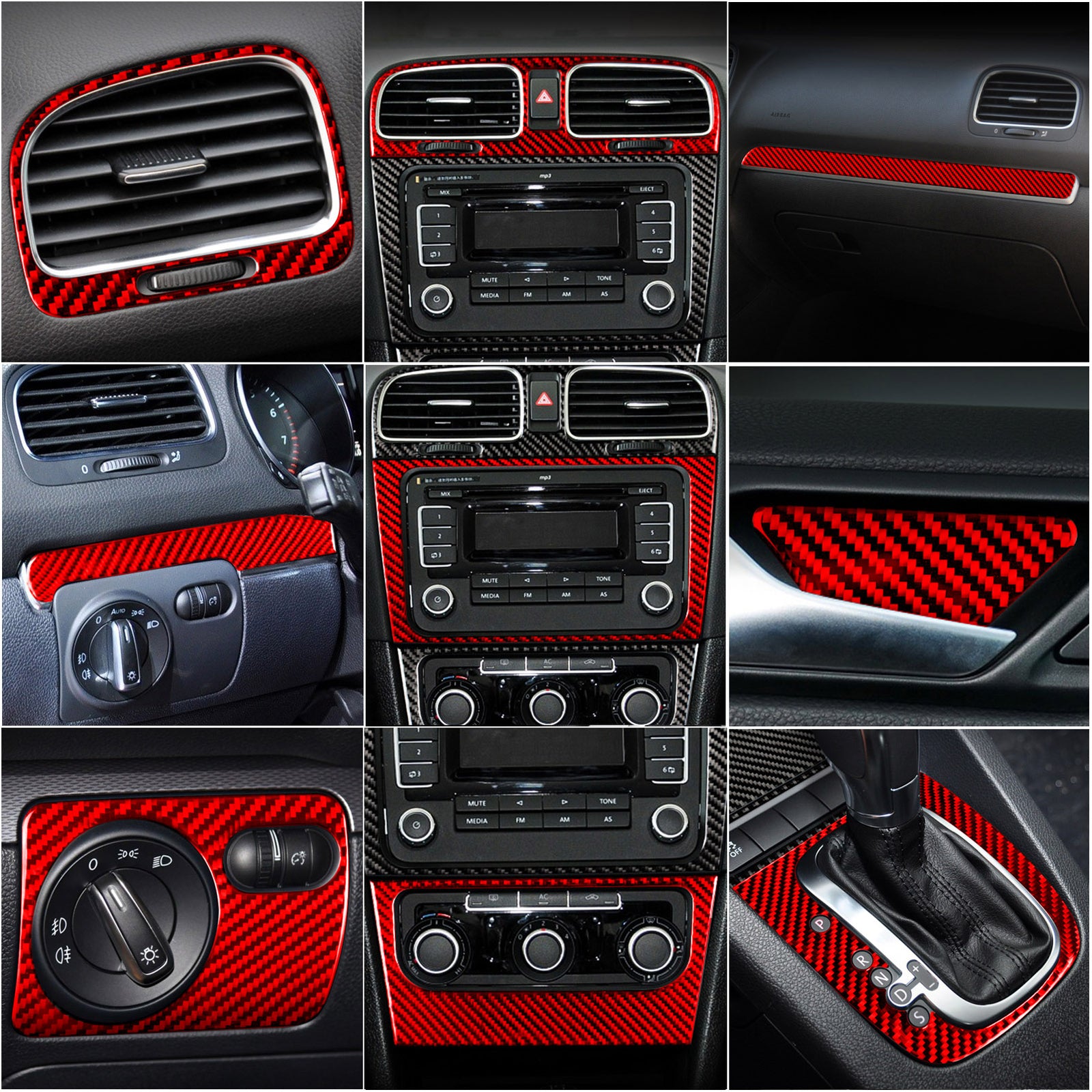 15PCS Red Carbon Fiber Interior Full Set Kit Trim for VW for Golf 6 MK6 GTI 2008-12