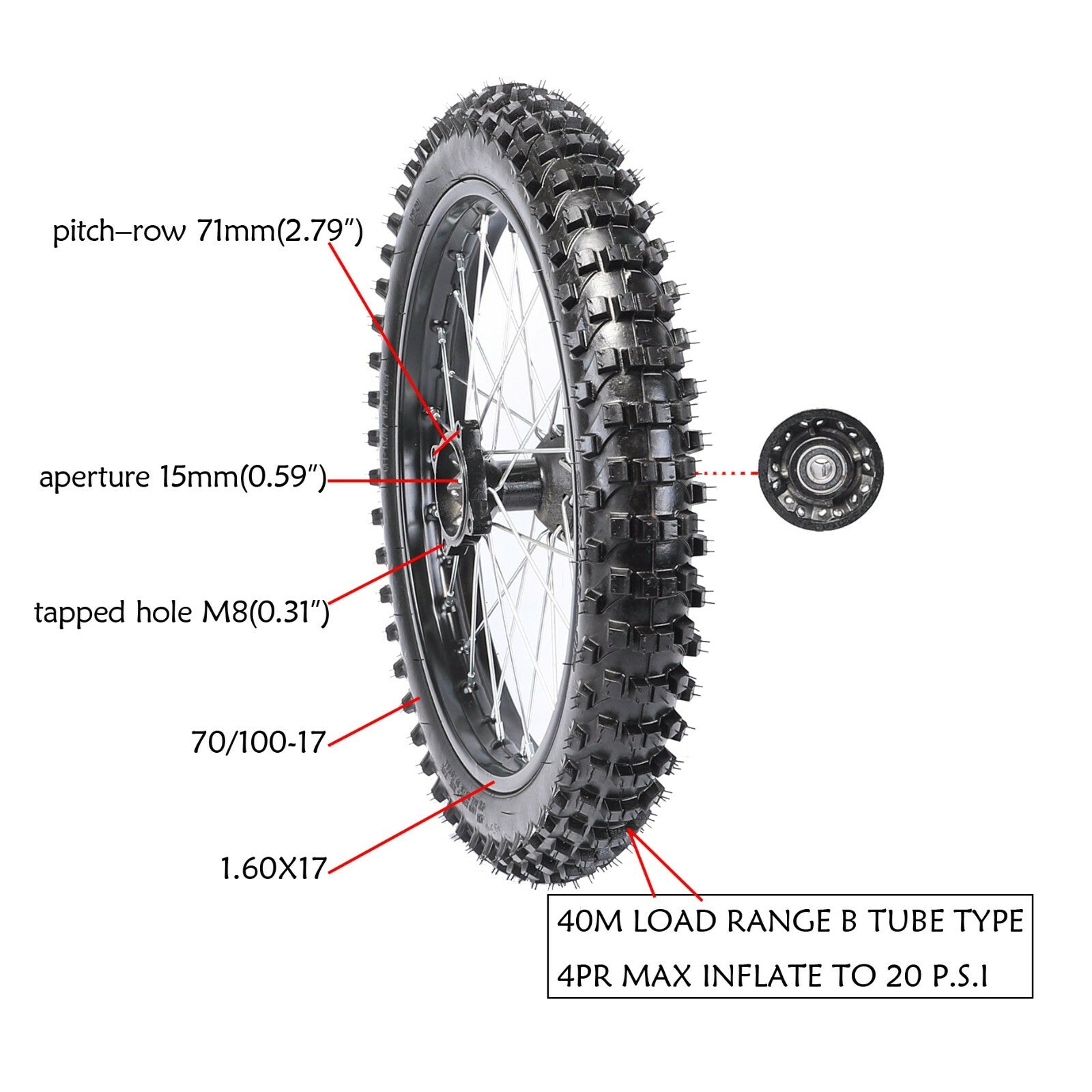 17-inch front wheel with 70/100-17 tire and rim disc suitable for Apollo SSR 125cc, 140cc, and 150cc pit bikes.