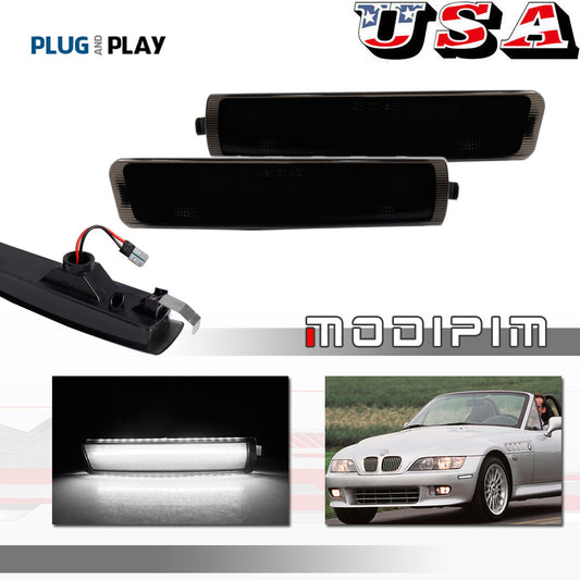 Two smoked white LED front corner side marker lights for 1996-2002 for BMW Z3 M Coupe.