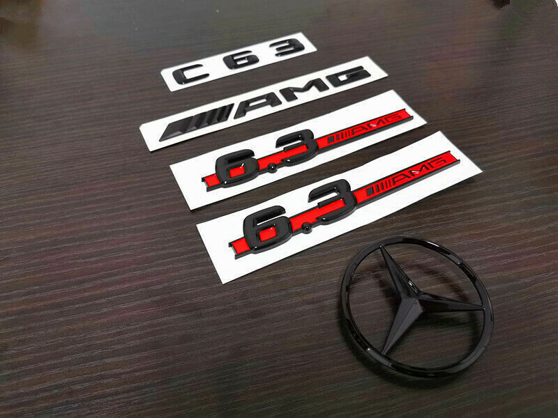 Glossy black with red C63 AMG and rear star side 6.3 AMG badge. Suitable for W204 507