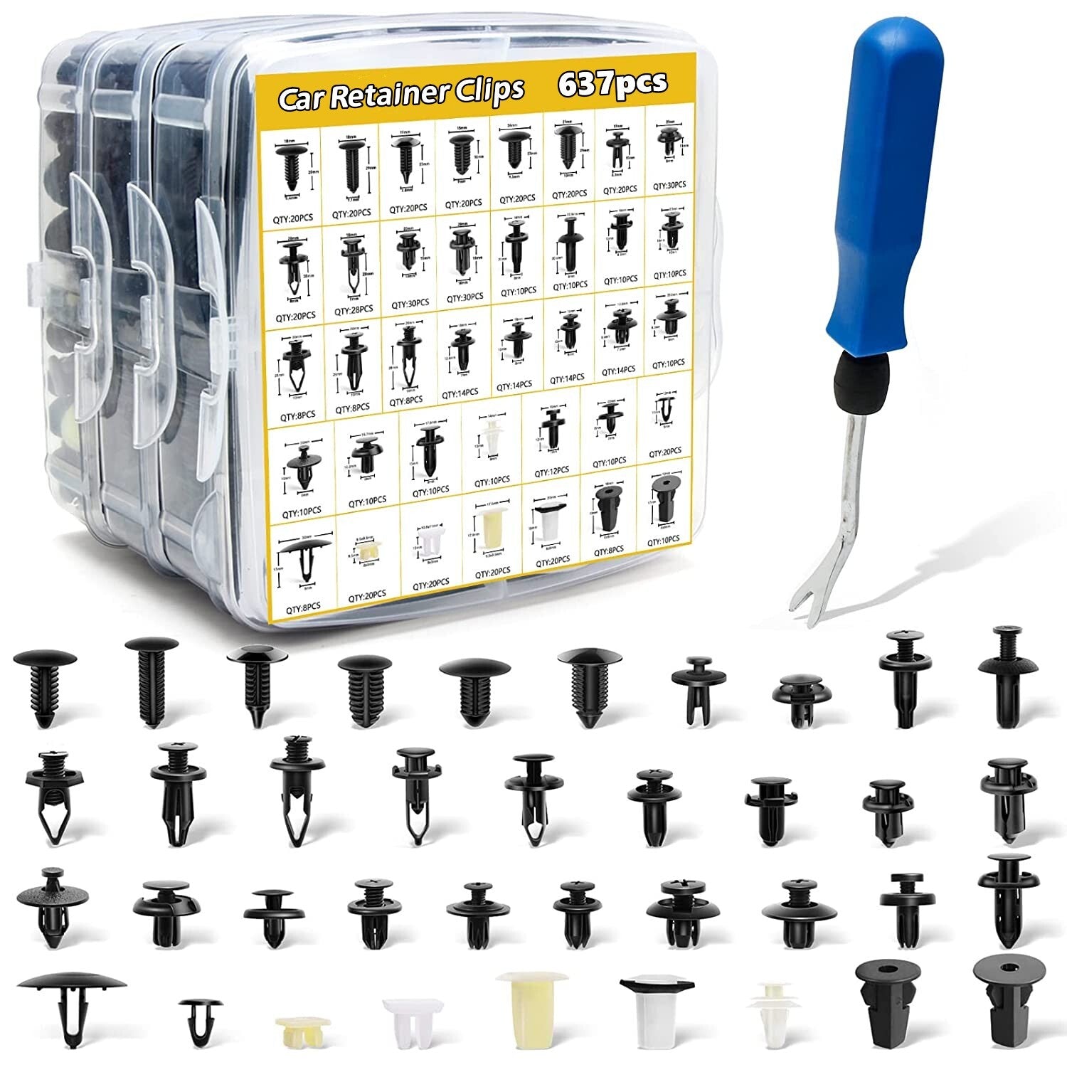 Car door panel trim clips - 38 most popular sizes, 637 pieces