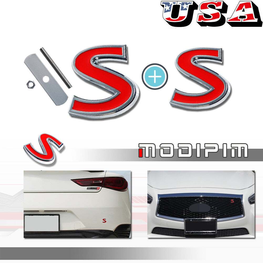 3D Metallic S Red Front Grille Badge/Bolt Rear Trunk Lid Badge for Infiniti Q50 Q60 Q70