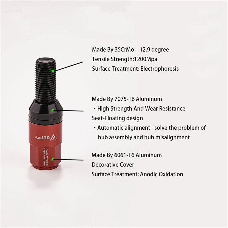 M12x1.25 Wheel Lug Bolts 20pcs Cone for Seat Studs 28mm Shank for Jeep for Chrysler Red