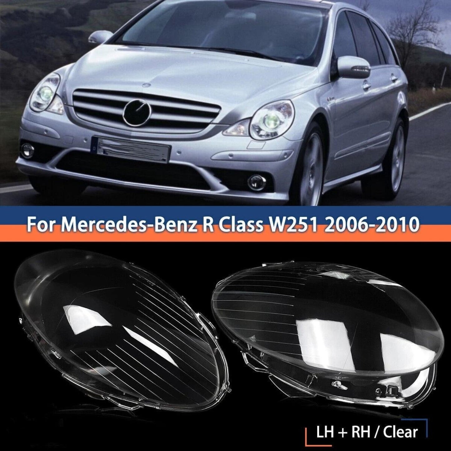 A pair of replacement headlight lens covers for Mercedes-Benz W251 R320 R350 R500 (2006-2010)