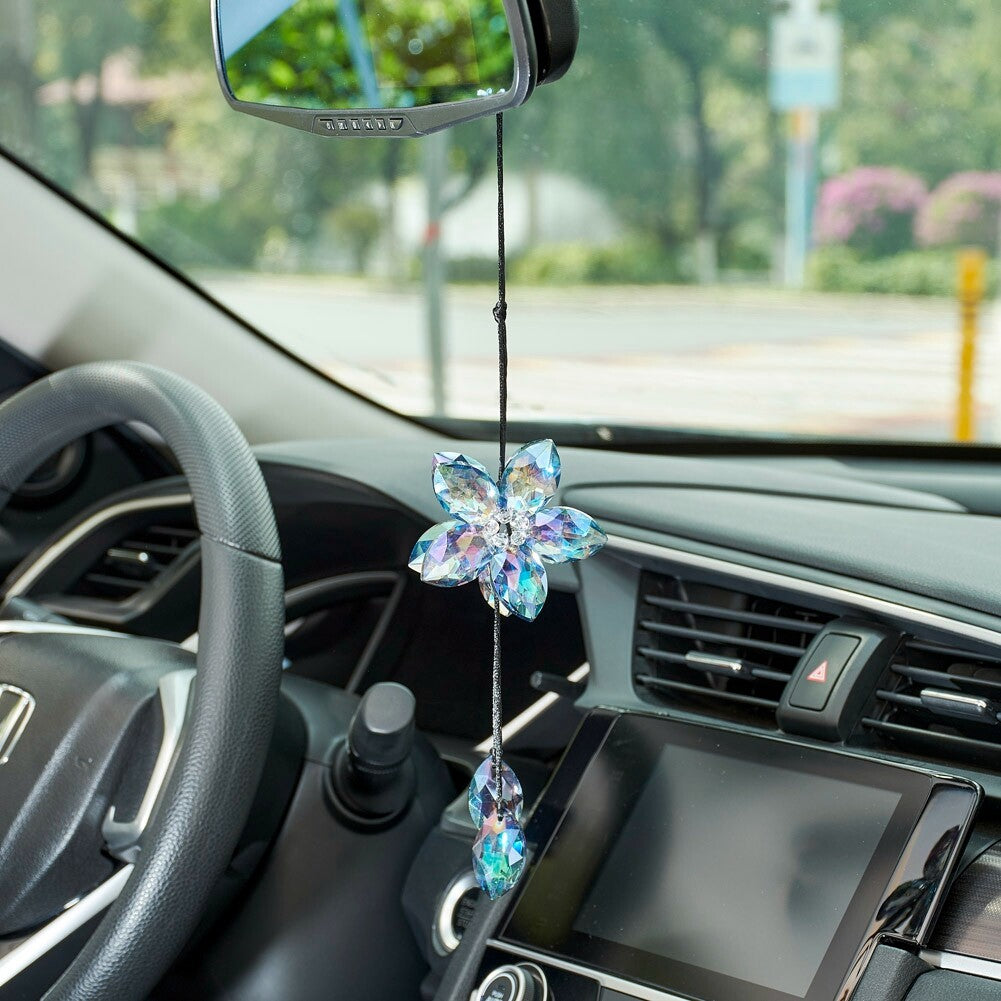 Shiny Crystal Flower Car Rear View Mirror Pendant Colorful Car Hanging Ornament