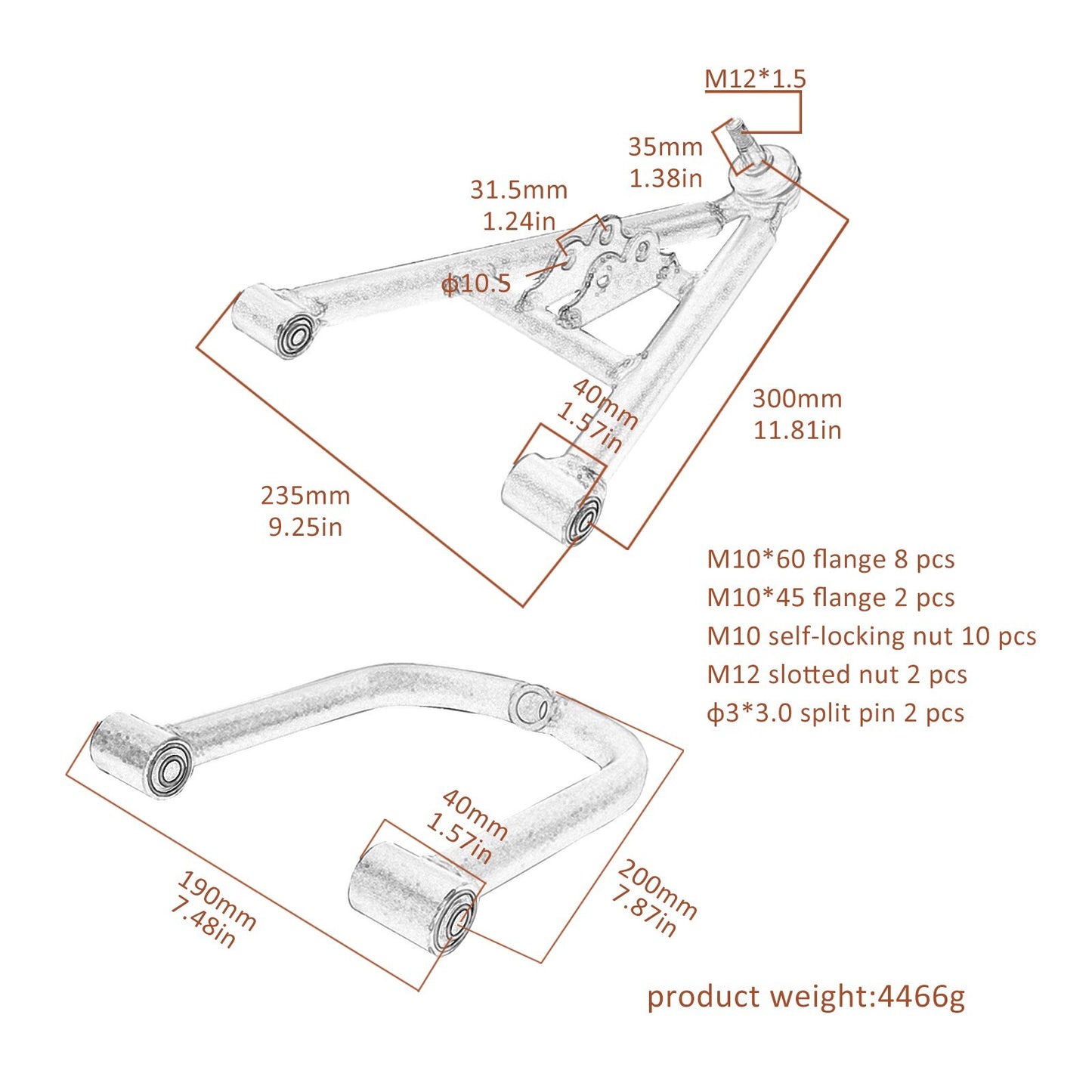 Suspension control arm, A-arm, steering strut joint, main shaft, wheel hub, go-kart, all-terrain vehicle