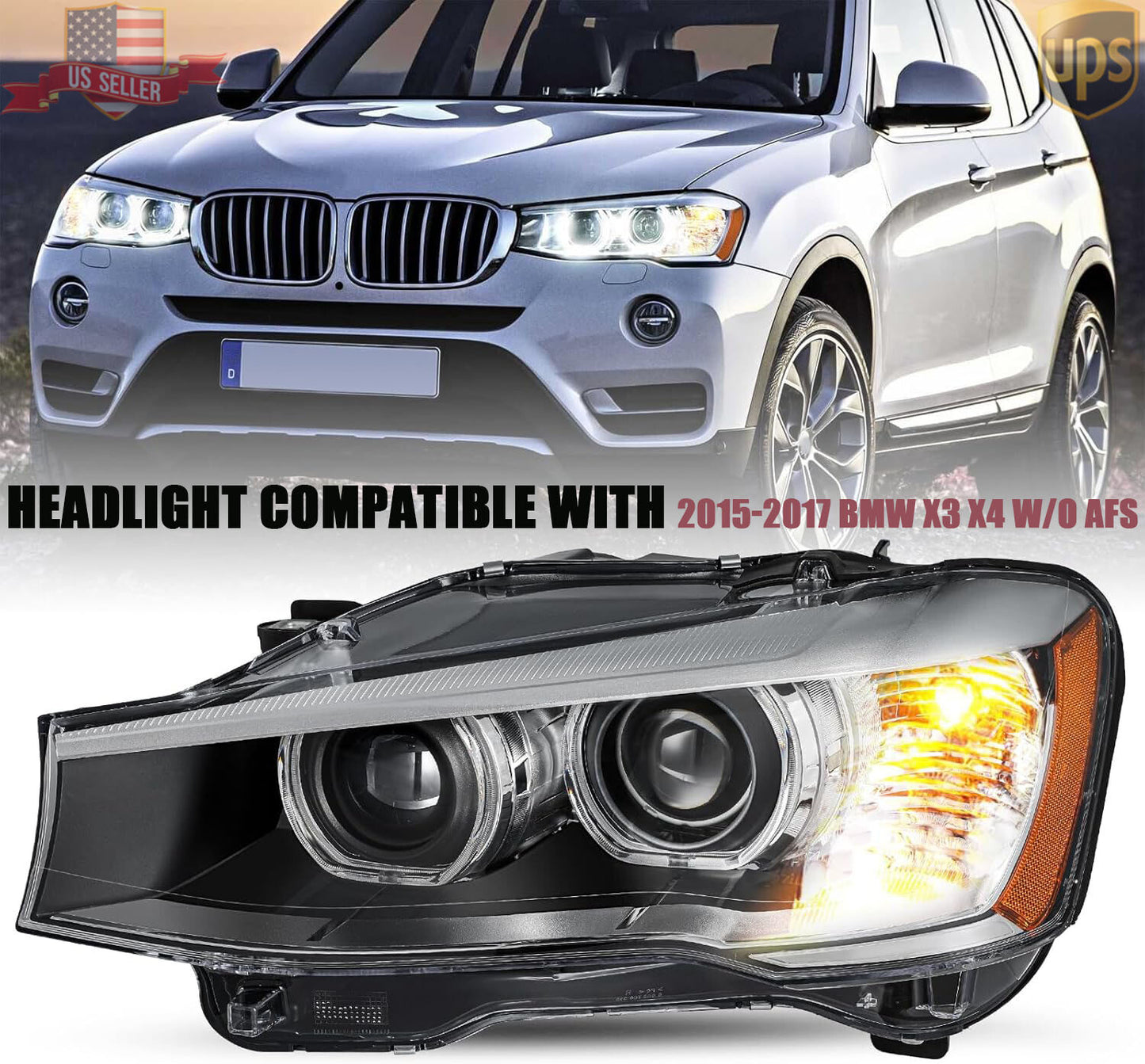 [HID w/o AFS] For 2015-2017 for BMW X3/X4 LED DRL Driver Side Projector Headlight LH