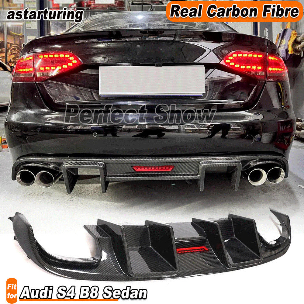 Fit for Audi S4 B8 Sedan 2008-2012 REAL Carbon Rear Bumper Diffuser Lip W/Light