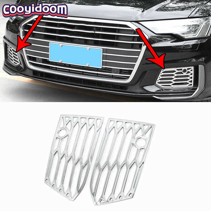2-Piece Silver Titanium Front Fog Light Frame Trim for Audi A6 2019 - 2020 - 2022
