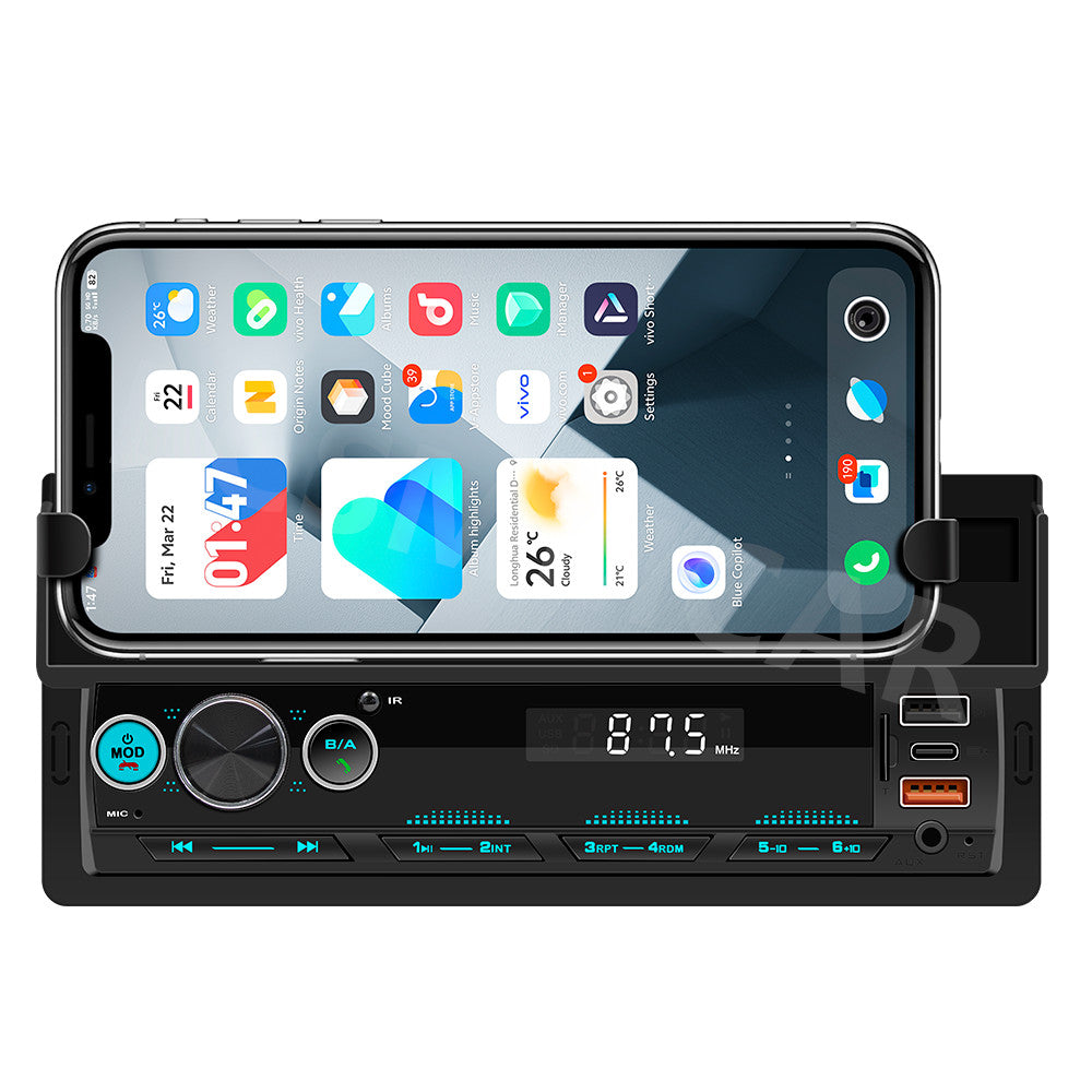 1 DIN Car Stereo Radio MP3 Player Bluetooth In Dash Audio USB/AUX W/Phone Holder
