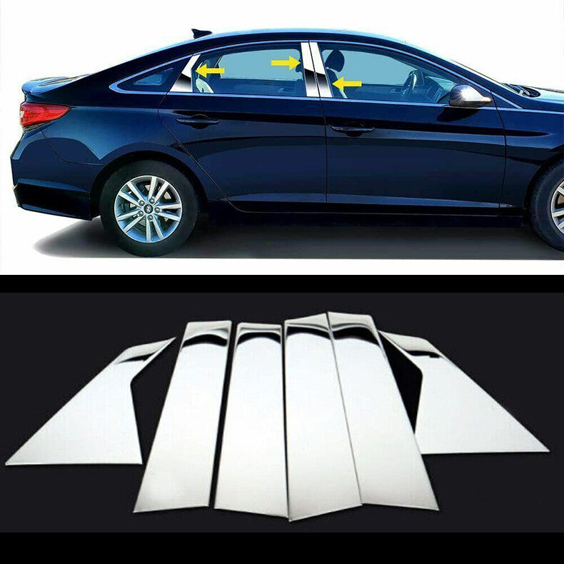 Chrome Pillar Posts for Hyundai Sonata 15-19 6pc Set Door Trim Mirror Cover Kit