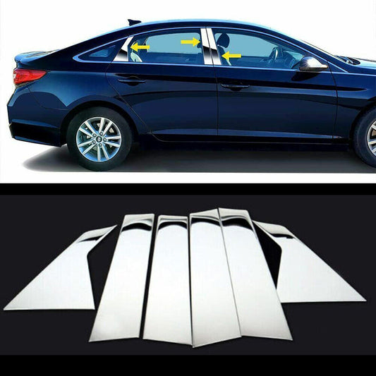 Chrome Pillar Posts for Hyundai Sonata 15-19 6pc Set Door Trim Mirror Cover Kit