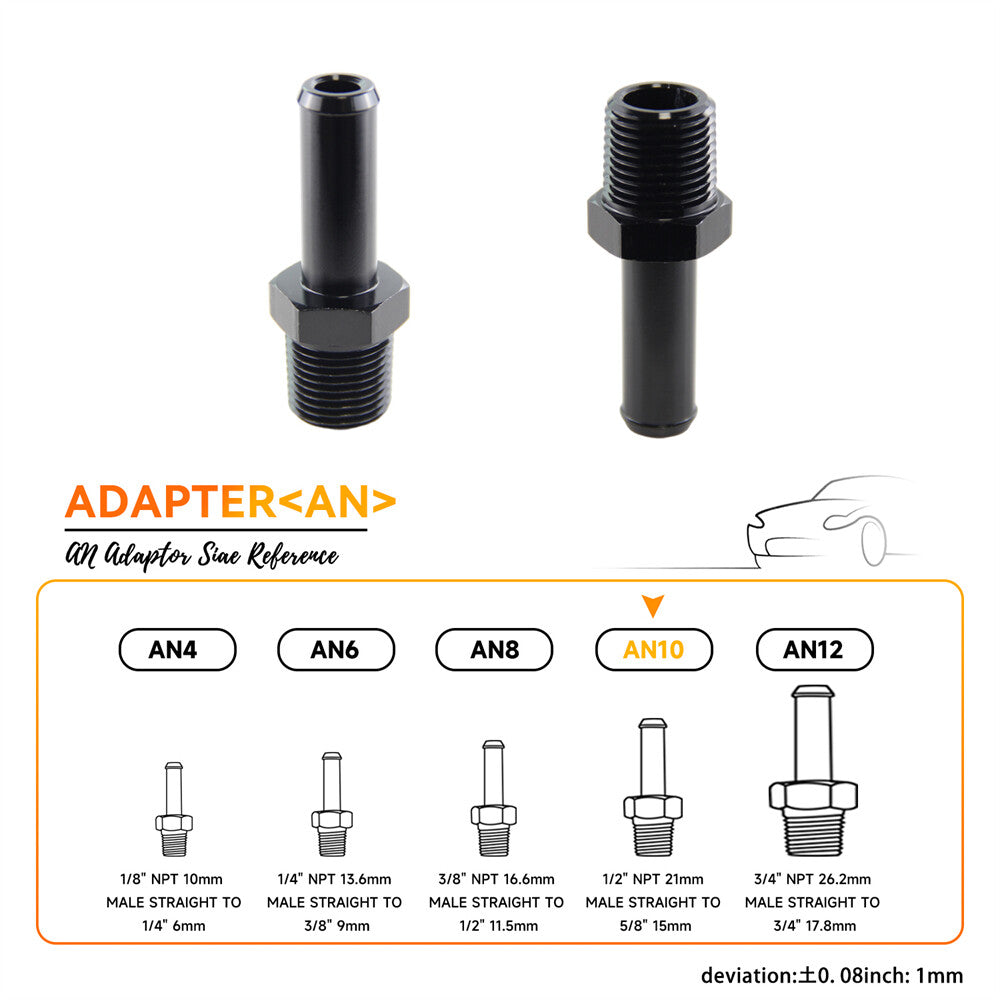 2PCS Aluminum AN10 1/2'' NPT Male to 5/8 Hose Barb Straight Adapter Fitting BK