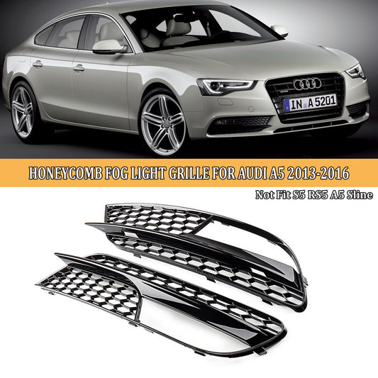 A pair of front bumper lower fog light grille cover trims are available for the 2012-16 for Audi A5 Quattro.