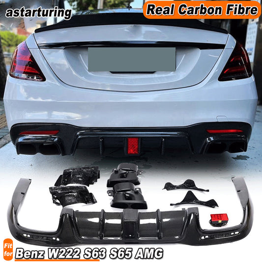 for Benz W222 S63 S65 AMG 2018UP Rear Bumper Diffuser W/Exhaust Tips REAL Carbon