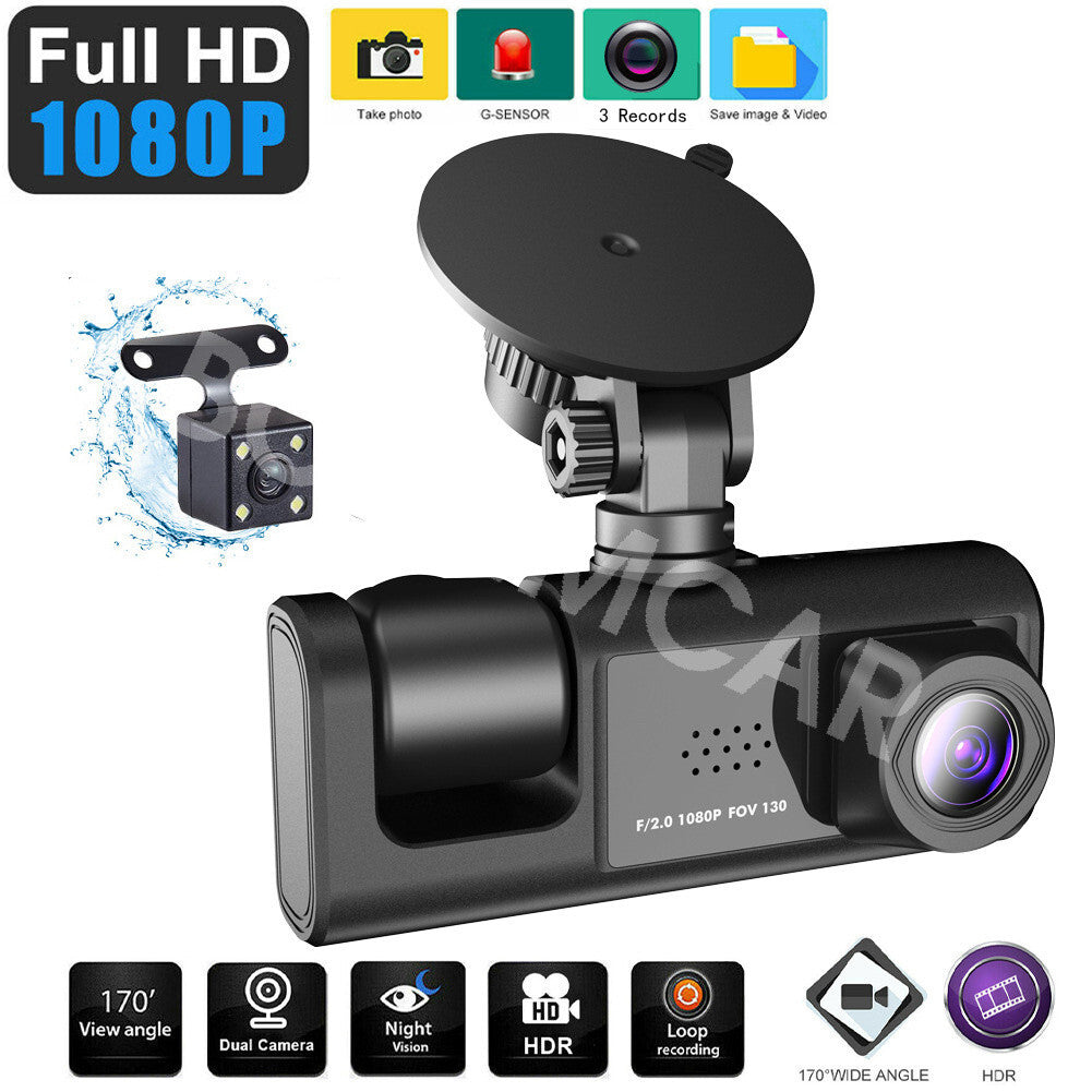 2in 3 Lens Car Video Recorder G-sensor Night Vision Dash Cam Rearview Camera