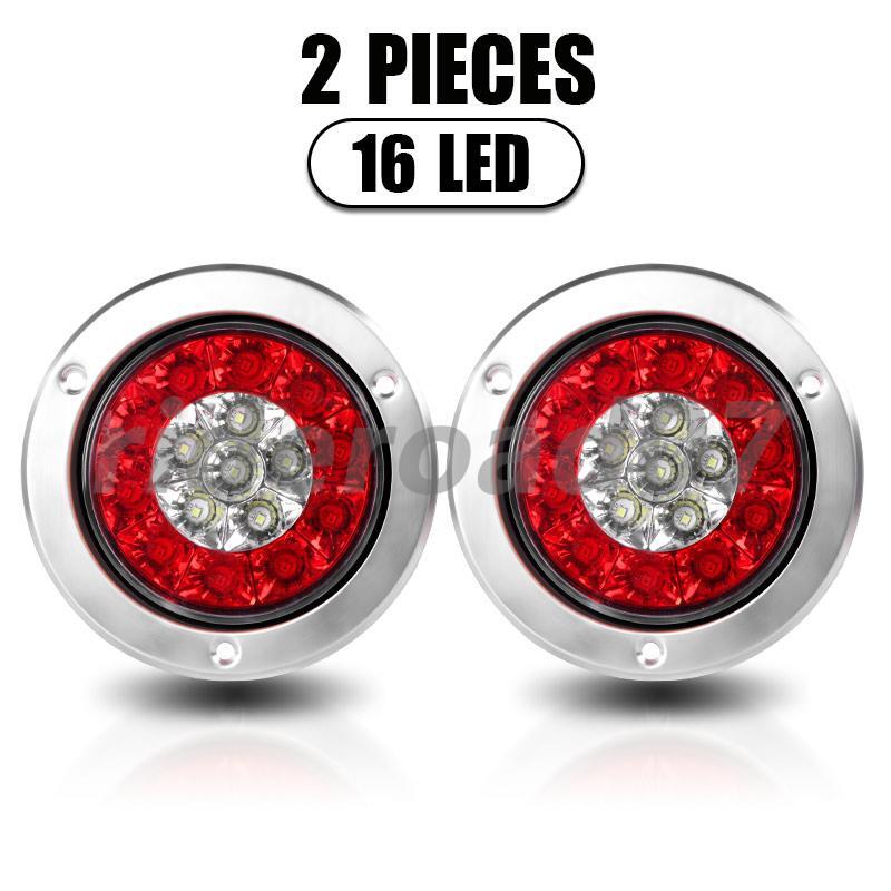 2X 16 LED Red White 4 Round Truck Trailer RV Brake Stop Turn Signal Tail Lights