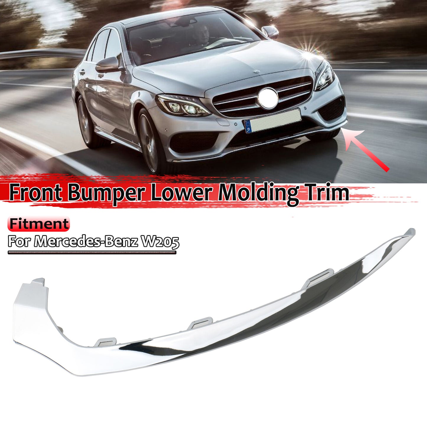 The lower lip trim on the front left bumper is suitable for 15-18 for Mercedes-Benz W205, AMG C300, C350, C200