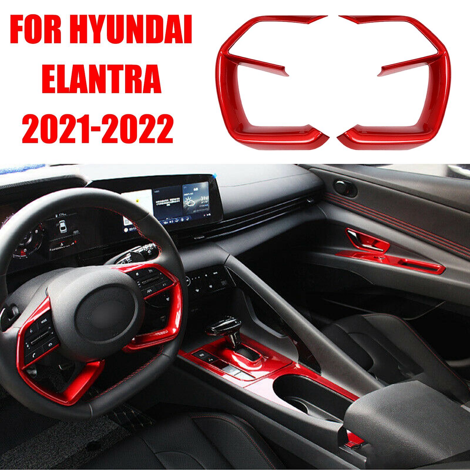 2PC Fit for Hyundai for Elantra 2021-2022 Glossy Red Steering Wheel Switch Cover Trim AT