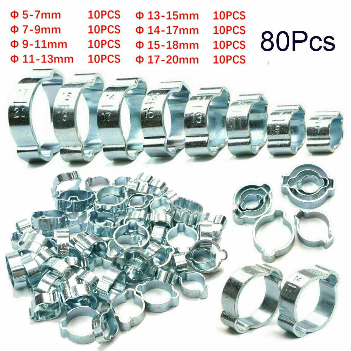 80X Double Ear Clamps O Clips-Crimp O-Clip Air Silicone Petrol Fuel Hose Pipe