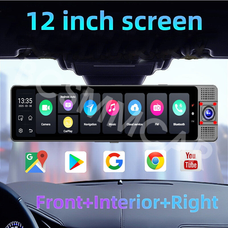 Car Mirror DVR Rear View Camera 12IN Touch Screen Dash Cam 3 Lens Kit ADAS FM