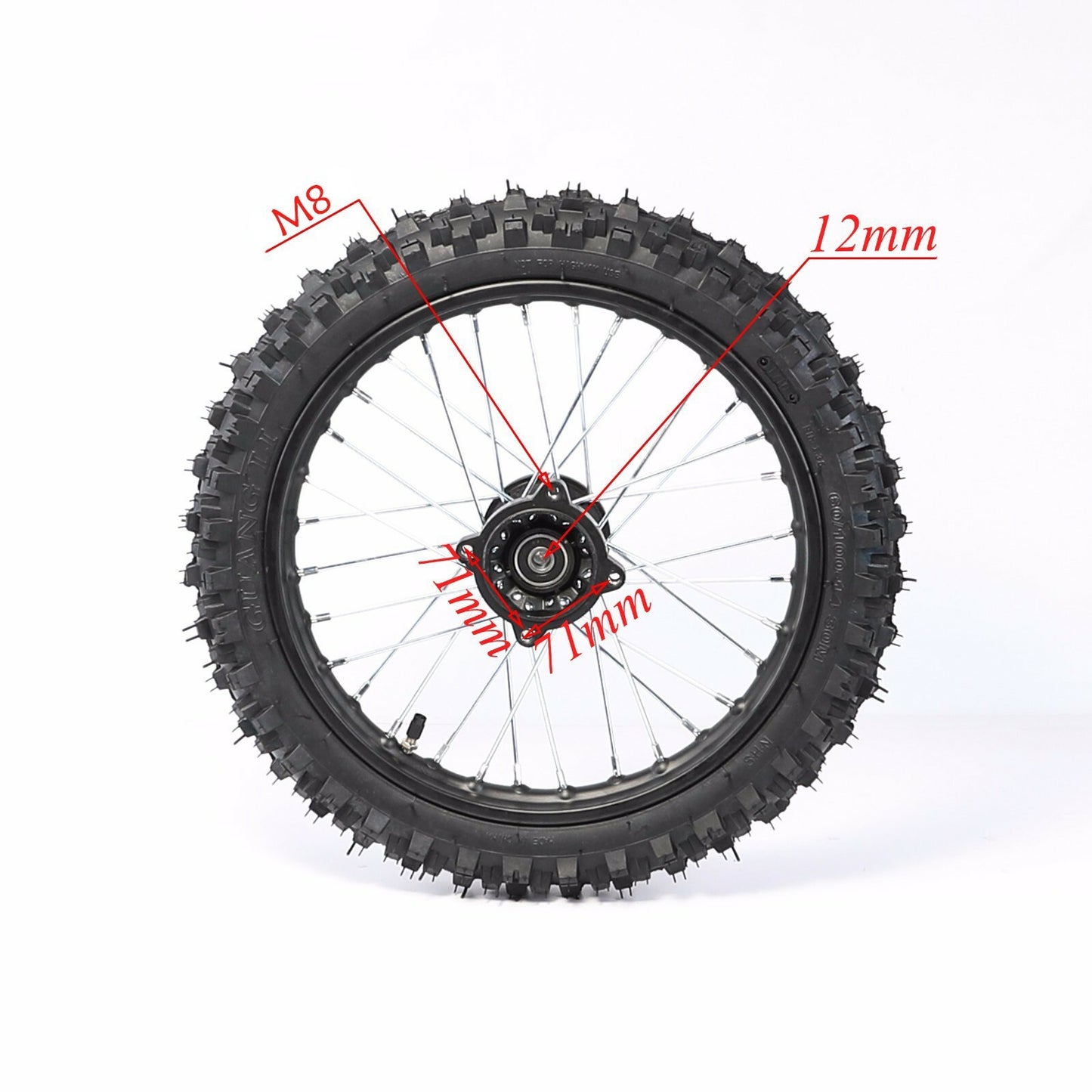 12mm 14-inch front wheel with 60/100-14 tire and rim suitable for Taodao SSR 125cc/110cc pit cross-country bike.