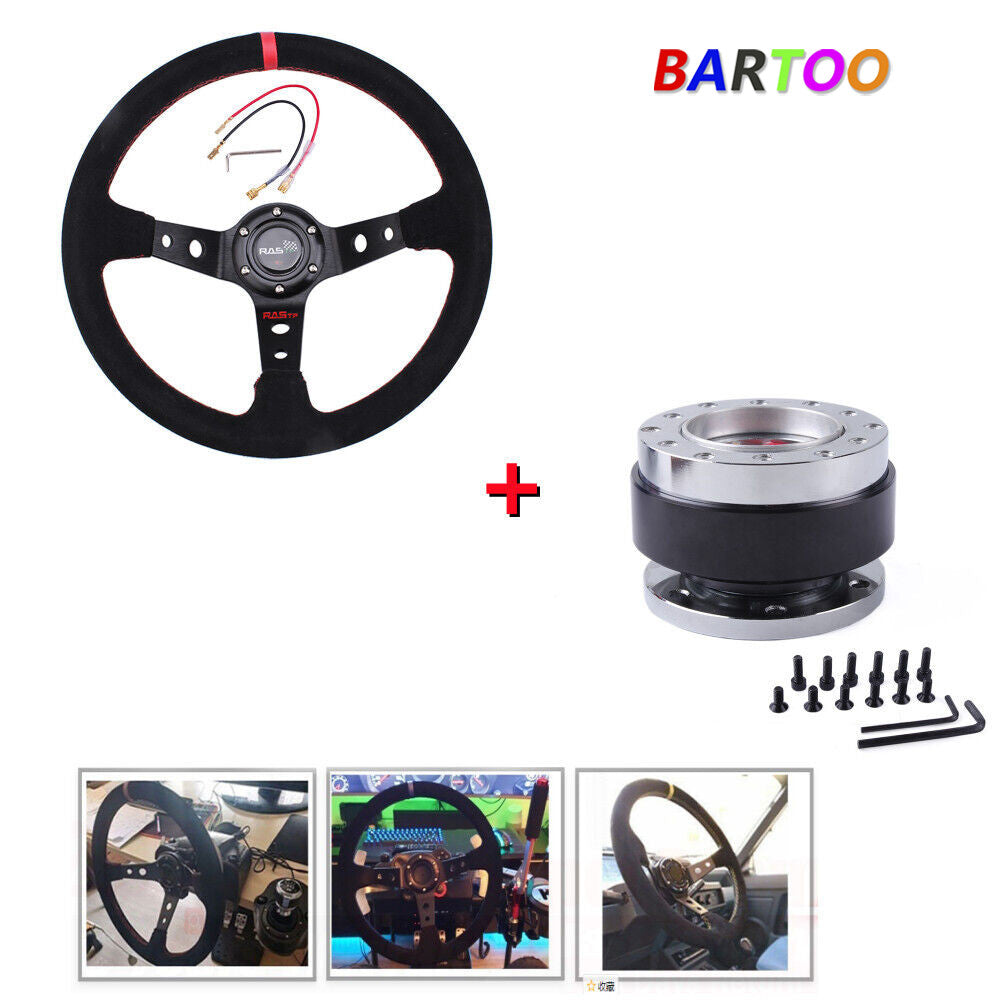 14 Steering Wheel Suede Leather +Quick Release Hub Adapter Snap Off Boss Kit