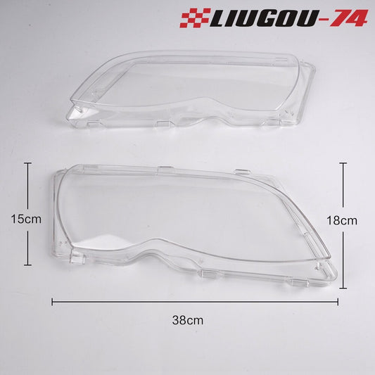 A pair of headlight lenses suitable for BMW 2002, 2003, 2004, 2005 E46, 325i, 325Xi, 330i, and 330Xi.
