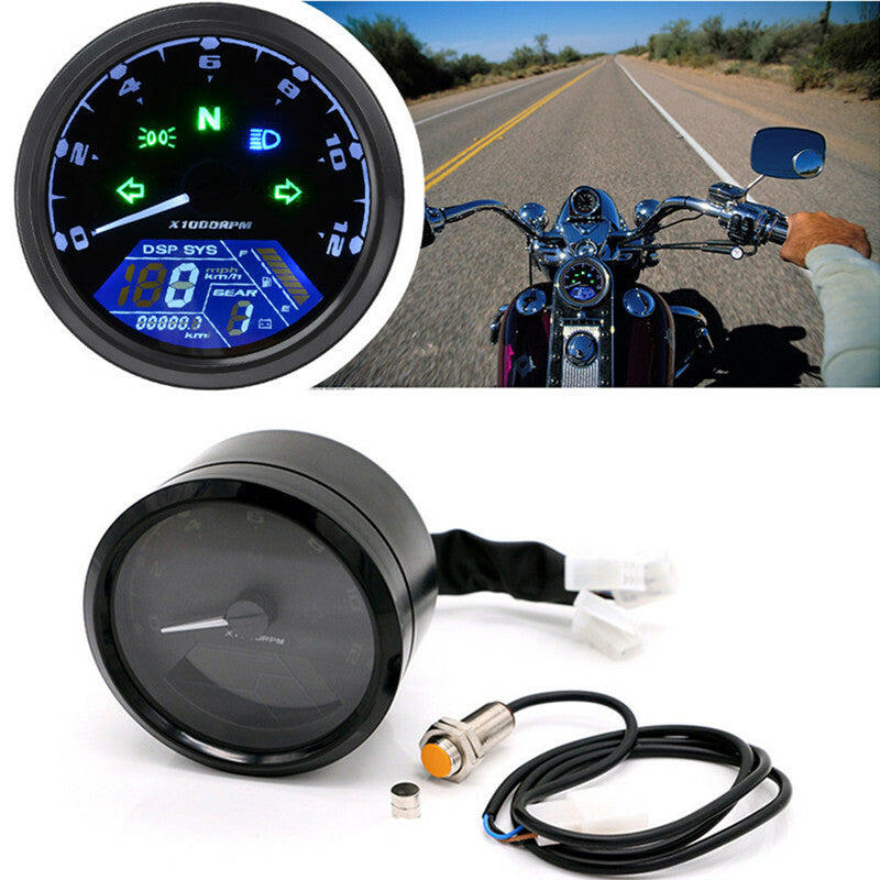 LCD Screen Digital Motorcycle Speedometer 12000RPM 8-18V Gear Tachometer Gauge