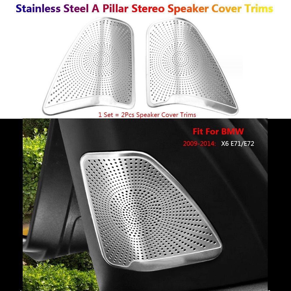 2x Stainless for BMW X6 E71 E72 Car Dashboard A Pillar Speaker Stereo Cover Trim