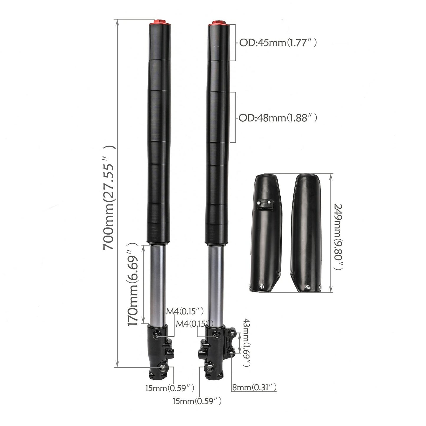 Upside-down 45mm/48mm front fork suspension, shock absorption for 110cc and 125cc Apollo Pit Bikes