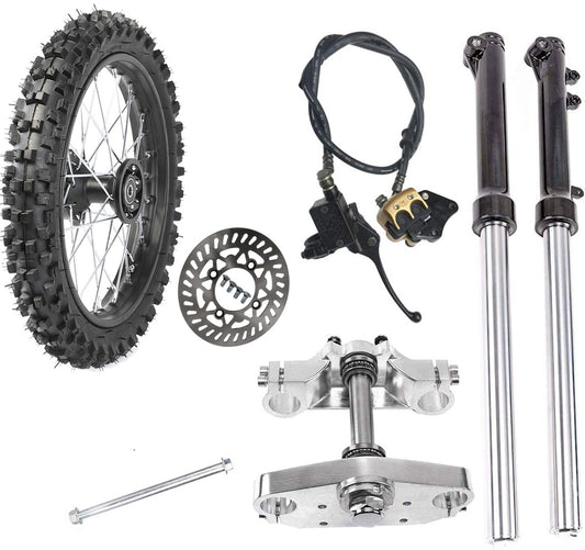 14-inch front wheel, 60/100-14 tire, rim, brake assembly, fork end, dirt pit, bicycle