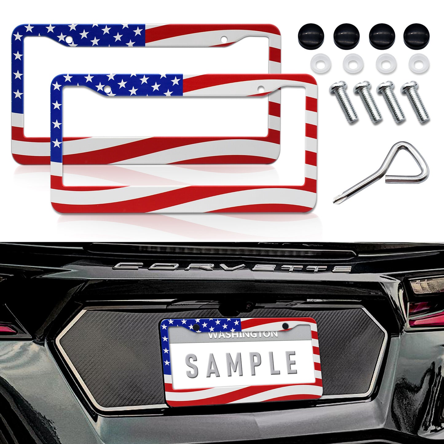 2pcs for GMC Accessories US Flag Patriotic Truck Van License Plate Frame Cover