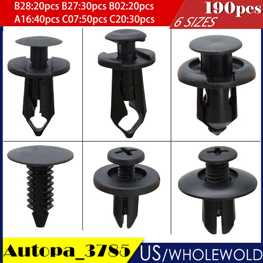 190pcs Car Fastener Push Pin Rivet Trim Clips Bumper Auto Fender Panel Retainer