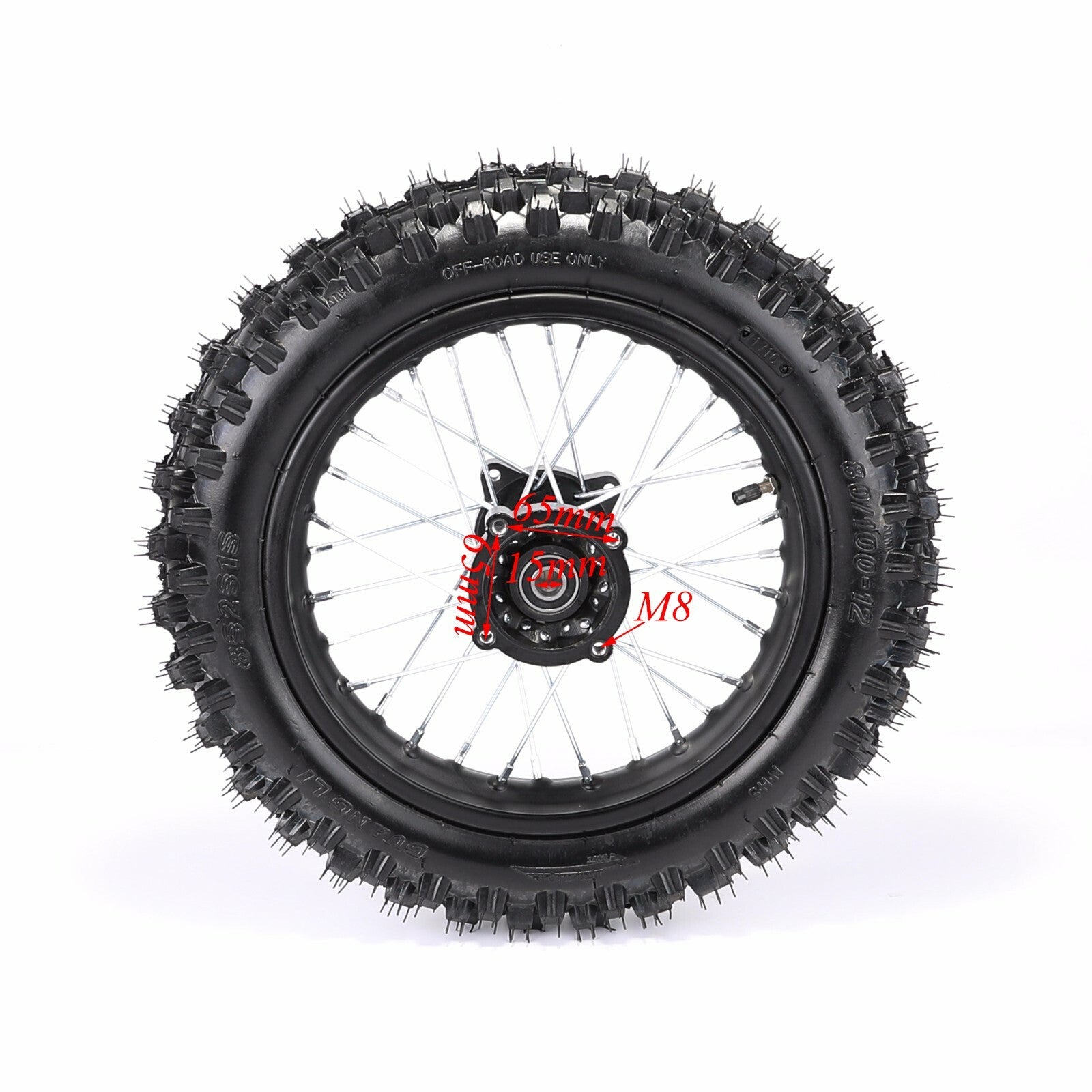12-inch rear wheel with 80/100-12 tire and rim suitable for Dirt Pit SSR bicycles 70cc, 110cc, and 125cc Atomik