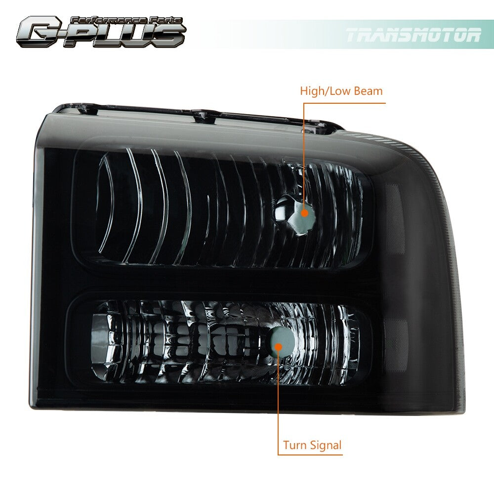 Super clear corner smoked headlights suitable for 2005-2007 for Ford F250 and F350.