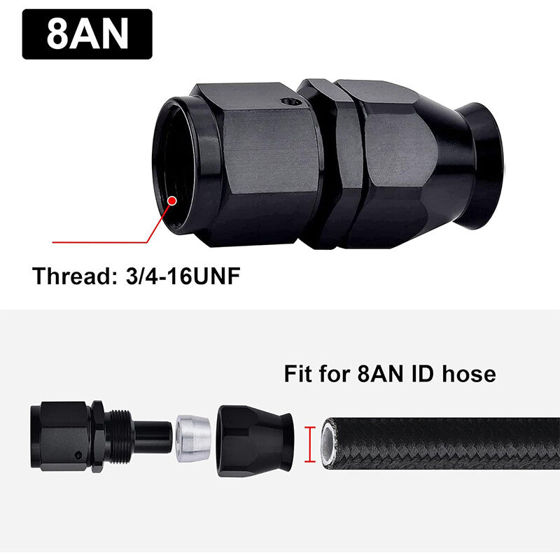 8AN PTFE Hose End Fitting Adapter AN8 Straight for PTFE Hose Line Only Black