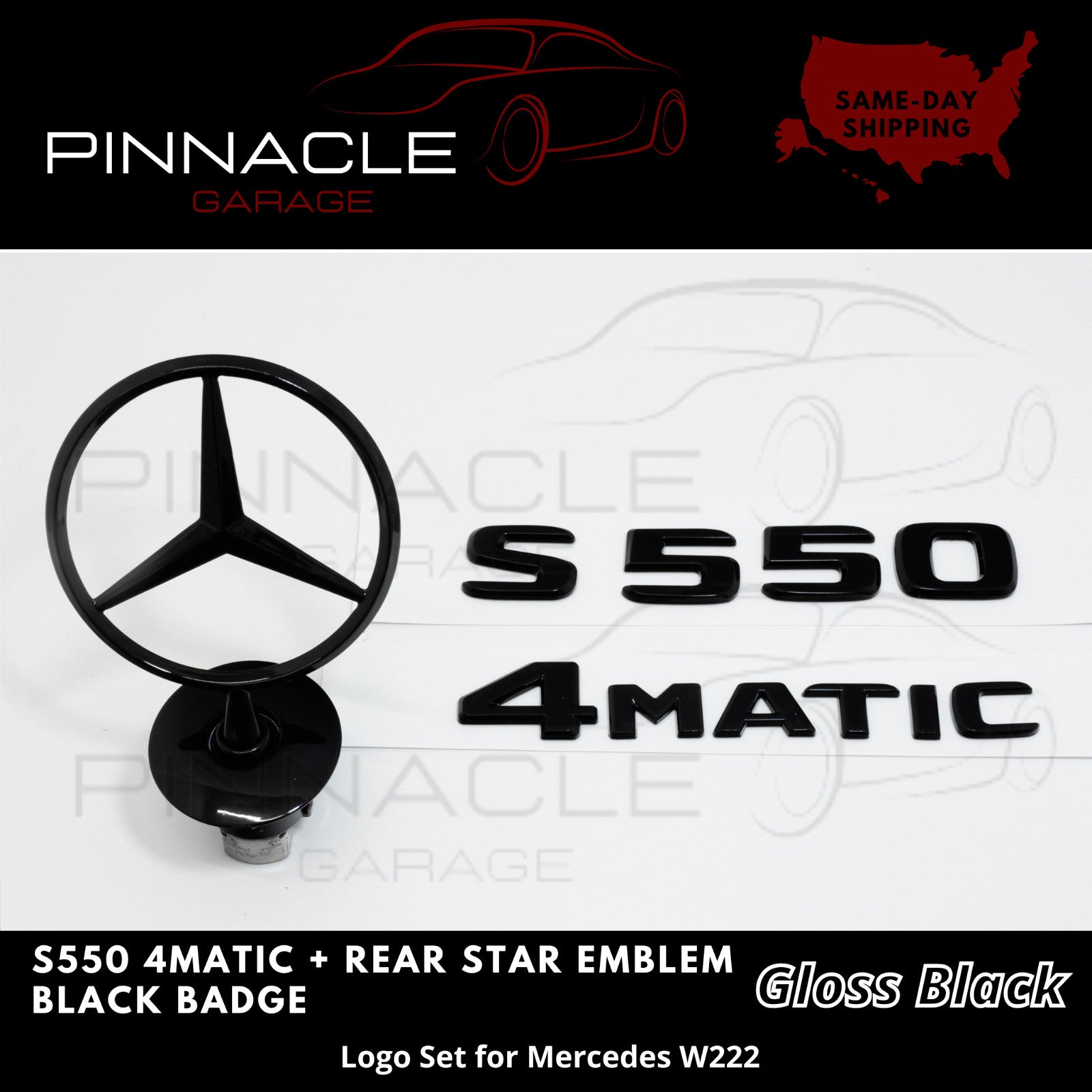 S550 4MATIC rear star badge, black badge logo with hood trim for W222 sedan